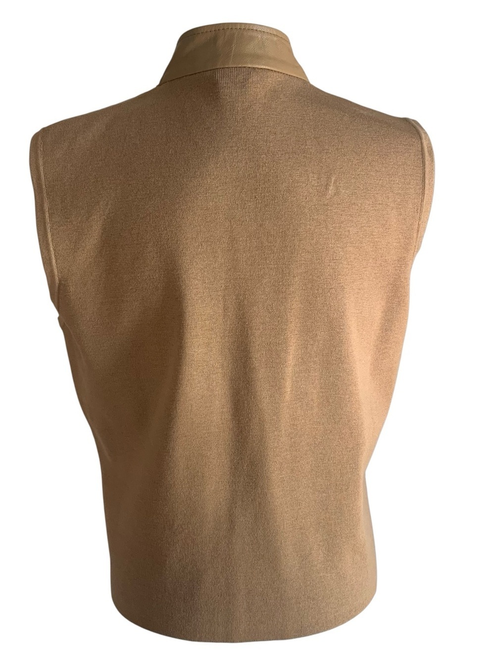 Peter Nygard Vest Genuine Leather Panel Silk Knit Back Vintage Old Money Camel M - Picture 8 of 10